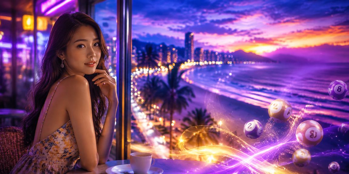 Khung cảnh quán cà phê Đà Nẵng với màn hình xổ số và điện thoại hiển thị ứng dụng kiểm tra voucher trực tuyến