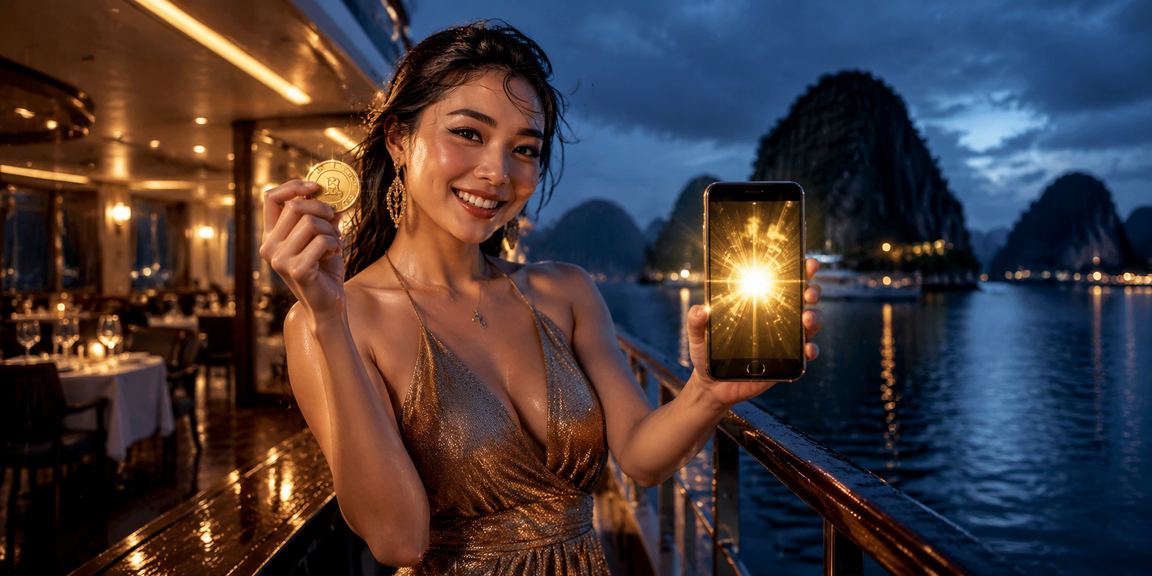 Phong cảnh vịnh Hạ Long trong buổi hoàng hôn nền đỏ thích hợp cho trải nghiệm giải trí 3dzip