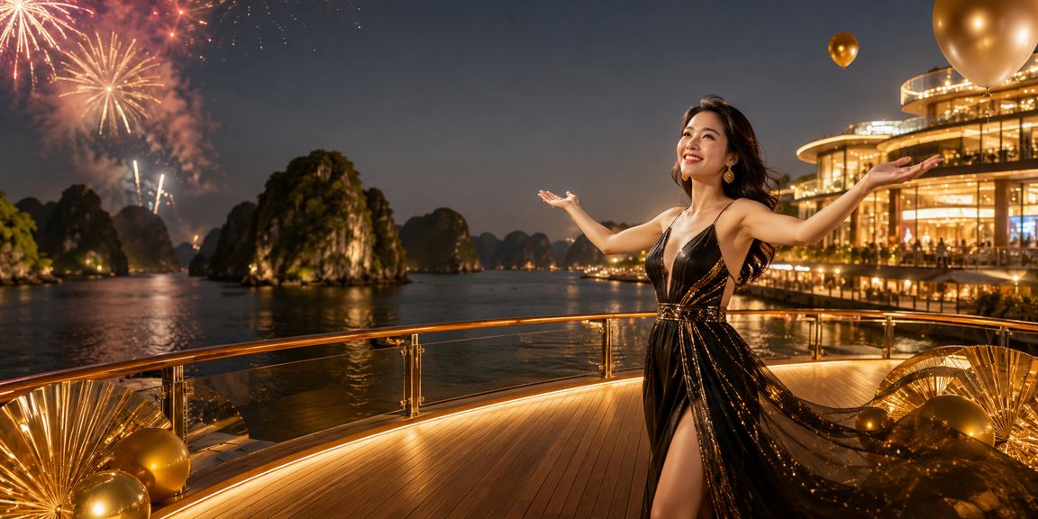 Du thuyền trên vịnh Hạ Long trong dịp lễ hội với biểu ngữ thưởng và hoạt động giải trí mang không khí tươi vui