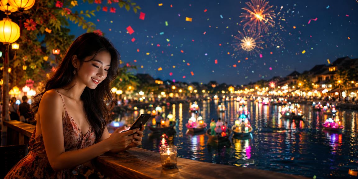 Người dùng ngồi tại quán cà phê Hội An dùng điện thoại để kích hoạt voucher và kiểm tra ưu đãi trực tuyến