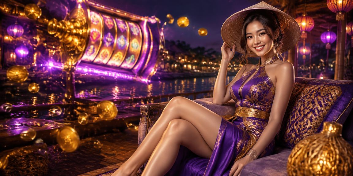 Du khách tại Hội An ngồi dưới mái hiên đội nón lá và sử dụng điện thoại xem thông tin trò chơi xổ số trực tuyến
